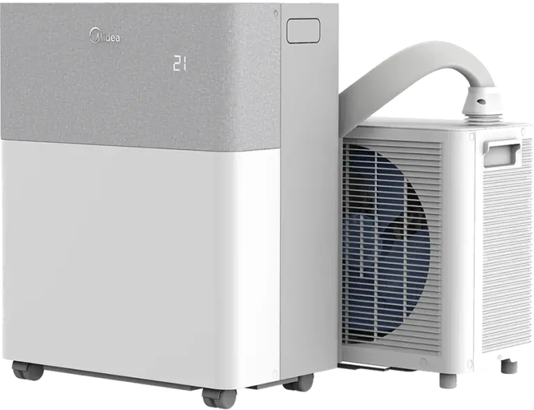 Midea PortaSplit: binnenunit en buitenunit verbonden met een flexibele slang